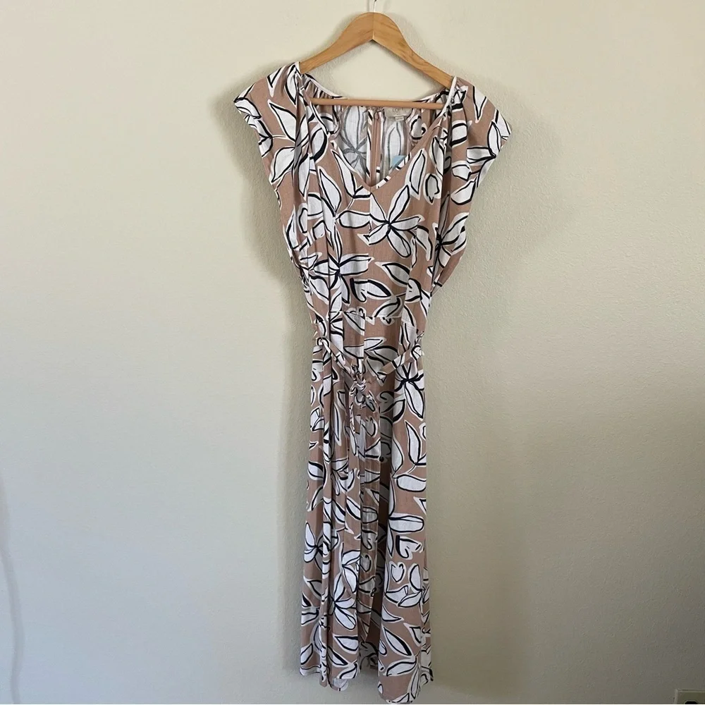 NWT Loft Outlet Linen Blend Floral Print Ivory Tan Navy Dress Size 14P